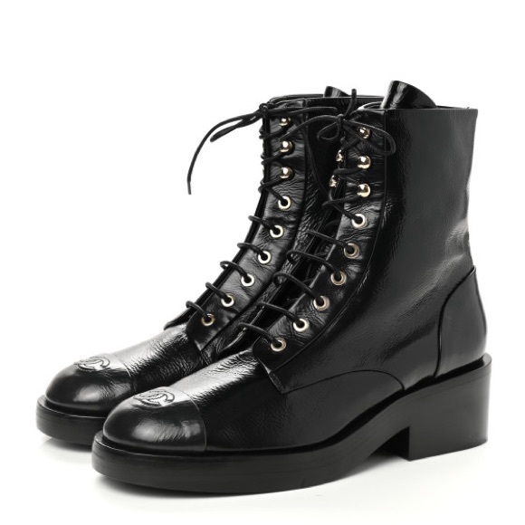 New Chanel Shiny Goatskin Cap Toe Combat Boots 37.5 Black $1850 - Picture 16 of 16